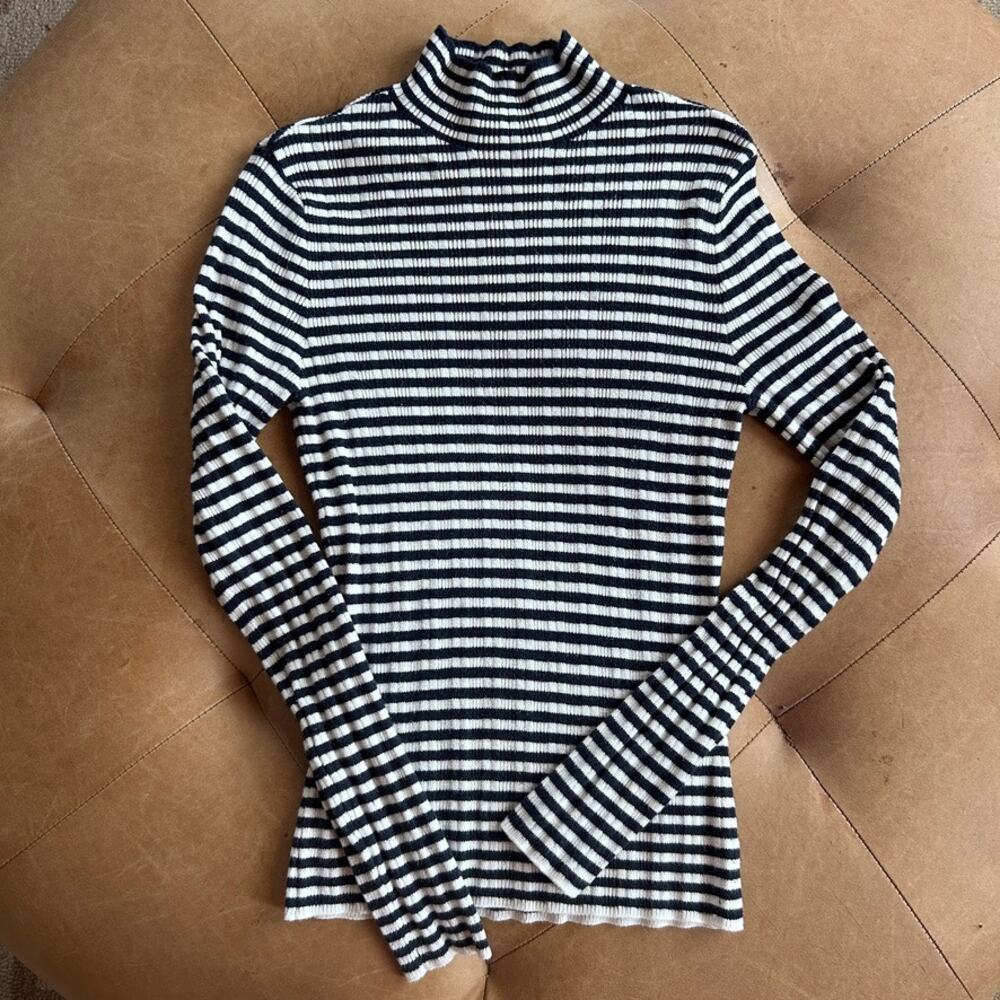 Abercrombie & Fitch 90s Striped Ribbed Turtleneck Sweater Blue White Preppy S